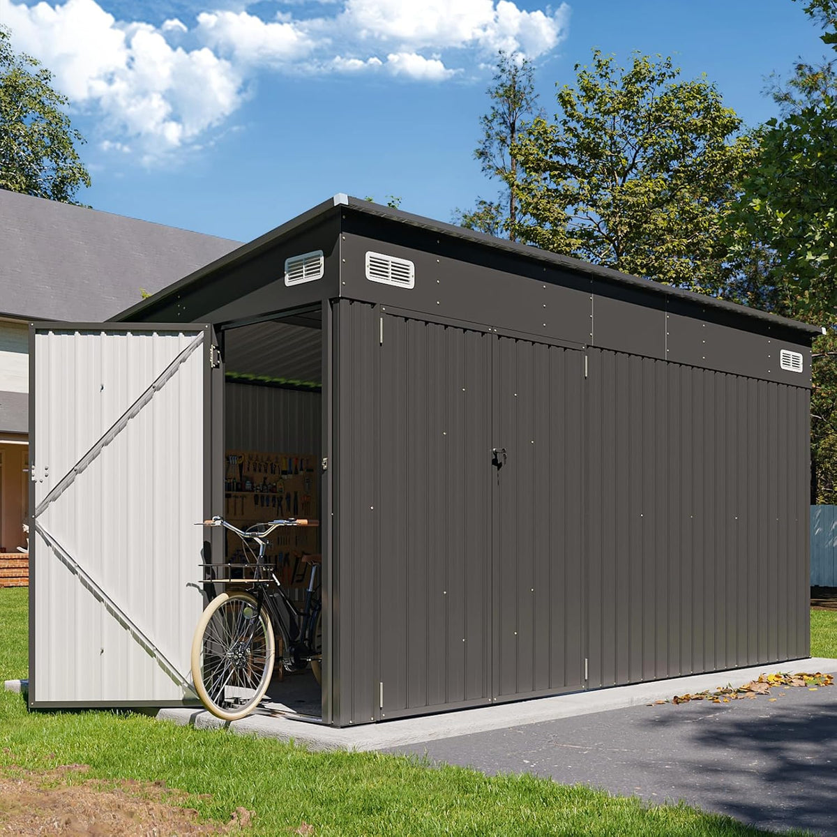 8'X12' Outdoor Lean to Storage Shed with Triple Doors Utility Galvanized Steel Sheds for Vertical Storage, Dual Lock Metal Shed with Sloped Roof for Mower,Bike,Garden Tools (Black)