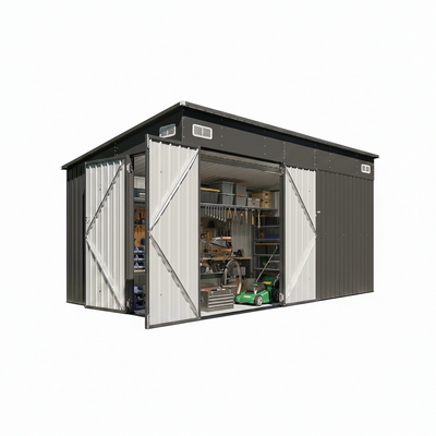8'X12' Outdoor Lean to Storage Shed with Triple Doors Utility Galvanized Steel Sheds for Vertical Storage, Dual Lock Metal Shed with Sloped Roof for Mower,Bike,Garden Tools (Black)