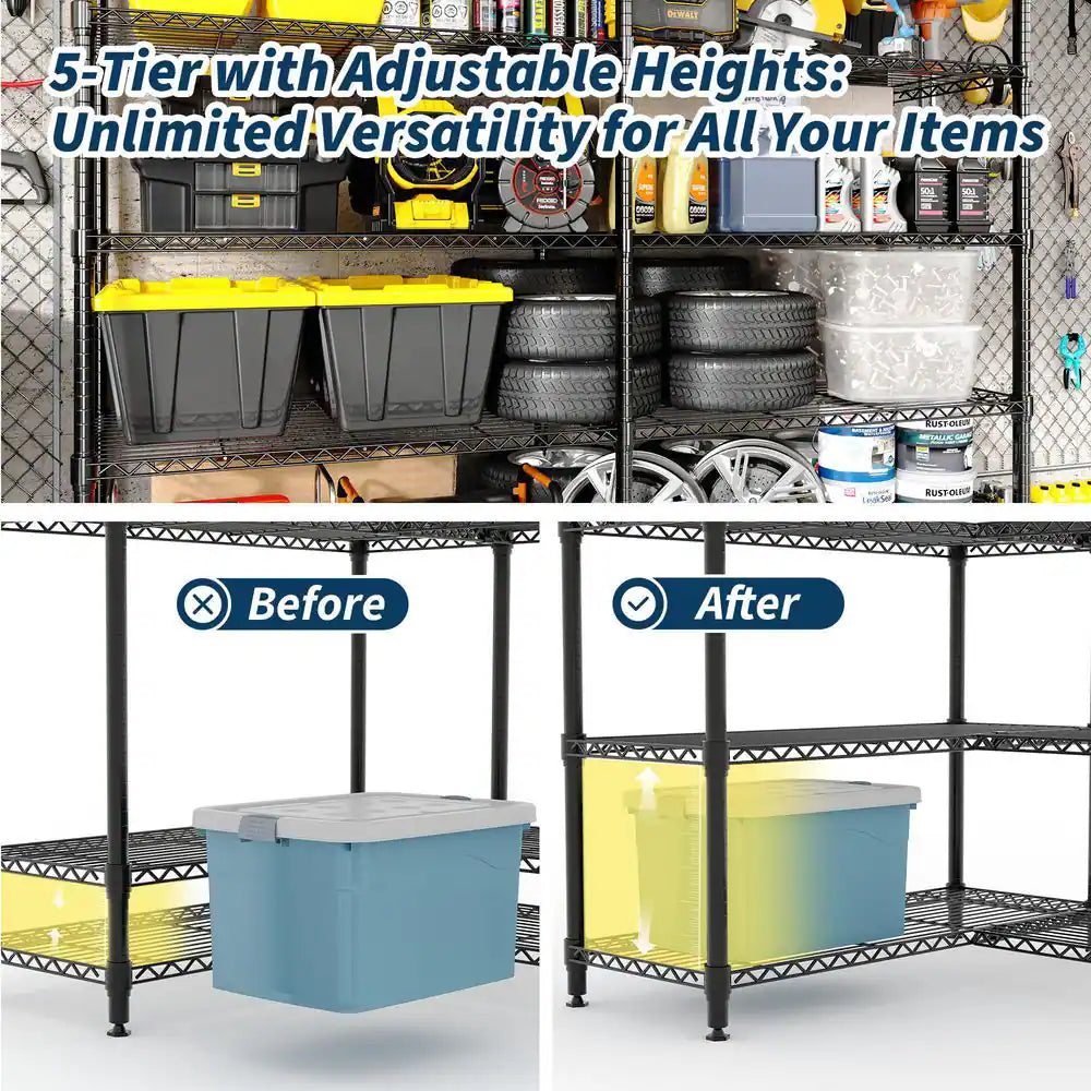 5-Tier L-Shaped Black Metal Storage Shelve Unit with Adjustable Shelf, Wire Storage Rack for Kitchen Pantry Bedroom