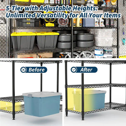 5-Tier L-Shaped Black Metal Storage Shelve Unit with Adjustable Shelf, Wire Storage Rack for Kitchen Pantry Bedroom
