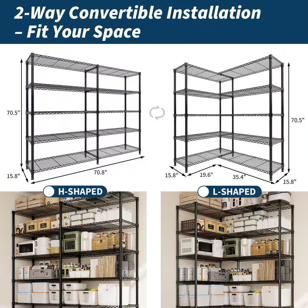 5-Tier L-Shaped Black Metal Storage Shelve Unit with Adjustable Shelf, Wire Storage Rack for Kitchen Pantry Bedroom