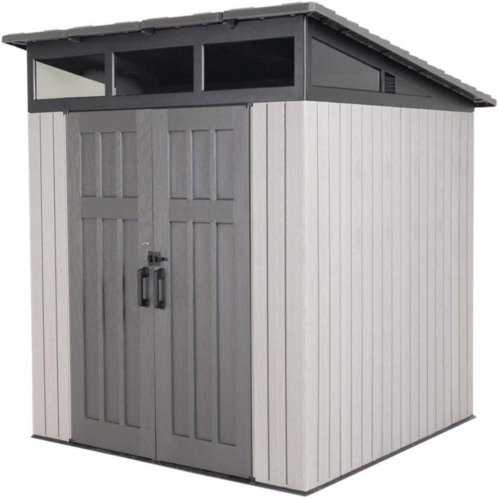 8.3 X 8.3 Ft Modern Outdoor Storage Shed with Clerestory Windows, Steel Reinforced, Lockable Doors, Adjustable Shelf and Wall Hooks, Uv-Protected, Gray