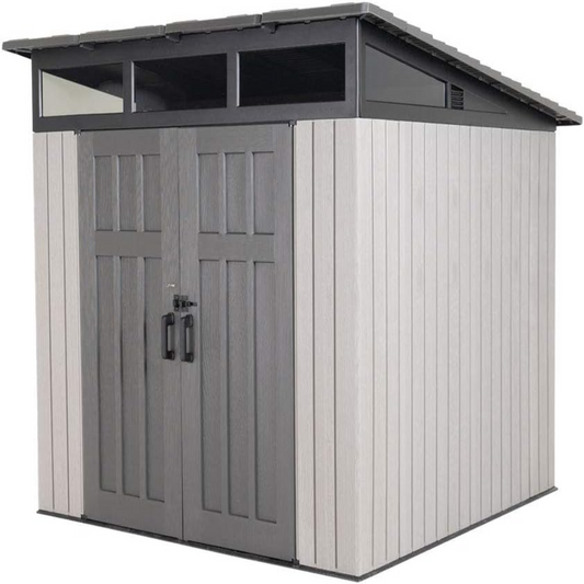 8.3 X 8.3 Ft Modern Outdoor Storage Shed with Clerestory Windows, Steel Reinforced, Lockable Doors, Adjustable Shelf and Wall Hooks, Uv-Protected, Gray
