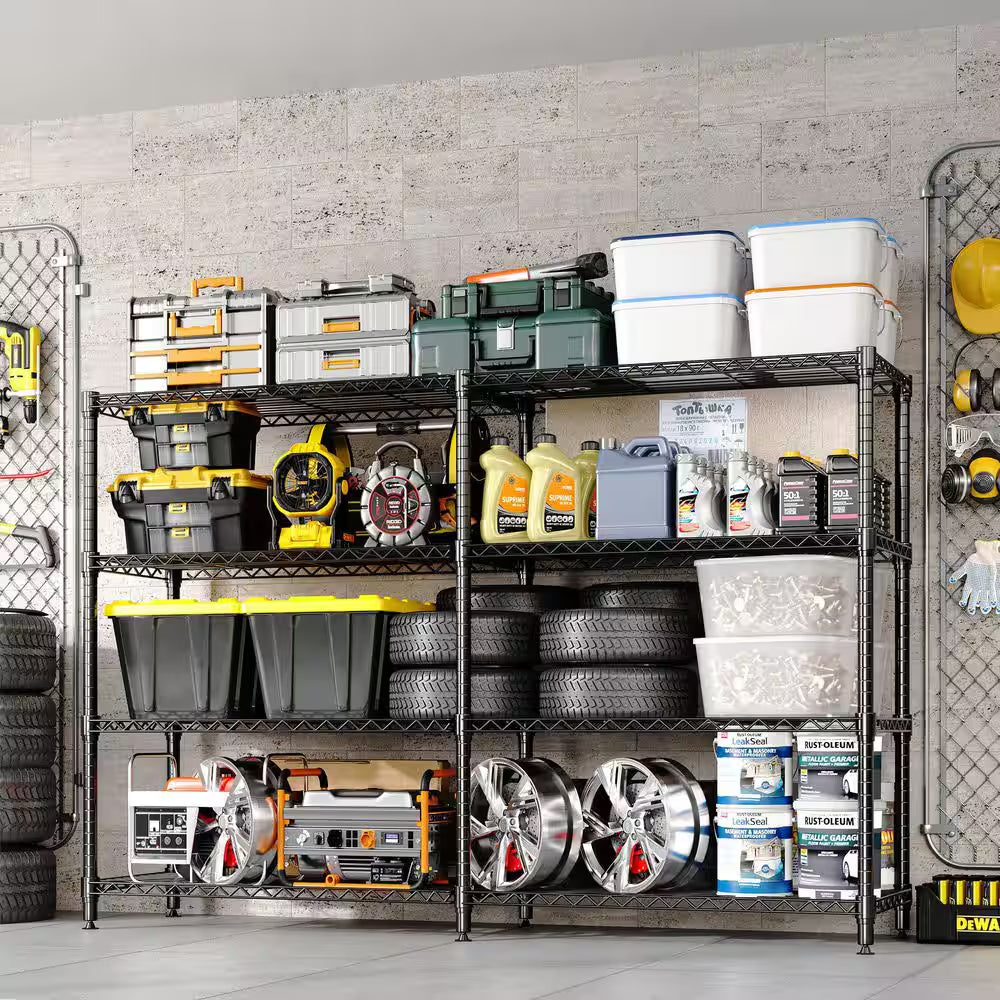 4-Tier Black L-Shaped Metal Storage Shelve Unit with Adjustable Shelf, Wire Shelving Rack for Kitchen Garage Bedroom