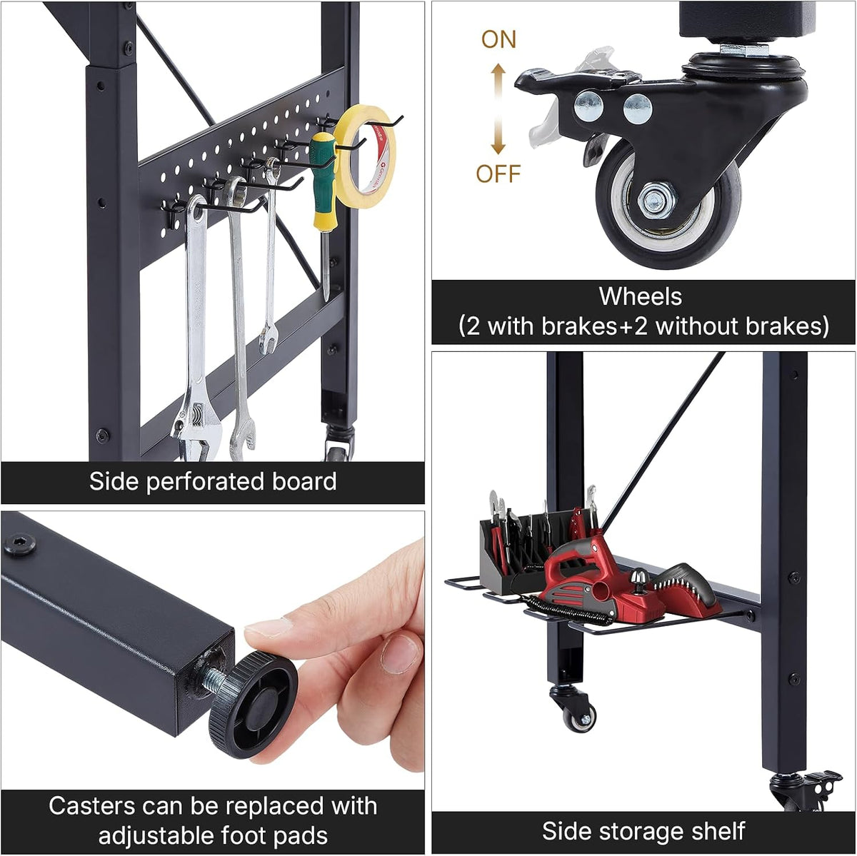 48" Adjustable Height Workbench with Pegboard, Work Benches for Garage, Heavy Duty Wood Top Work Bench with Wheels, 2000 LBS Load Capacity, Rolling Work Table with Outlet Storage Shelf Hooks