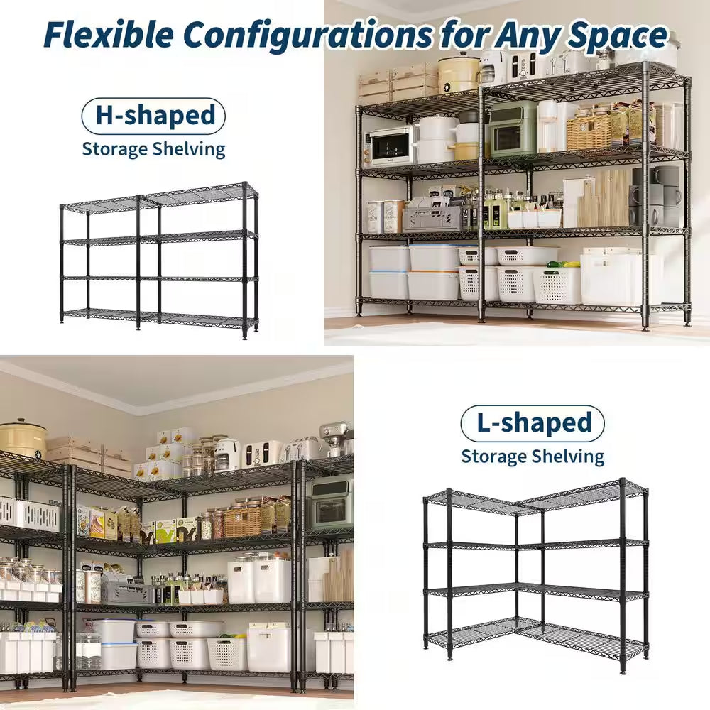 4-Tier Black L-Shaped Metal Storage Shelve Unit with Adjustable Shelf, Wire Shelving Rack for Kitchen Garage Bedroom