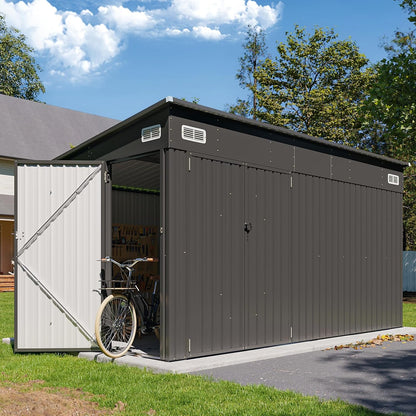 8'X12' Outdoor Lean to Storage Shed with Triple Doors Utility Galvanized Steel Sheds for Vertical Storage, Dual Lock Metal Shed with Sloped Roof for Mower,Bike,Garden Tools (Black)