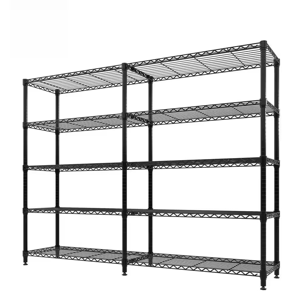 5-Tier L-Shaped Black Metal Storage Shelve Unit with Adjustable Shelf, Wire Storage Rack for Kitchen Pantry Bedroom