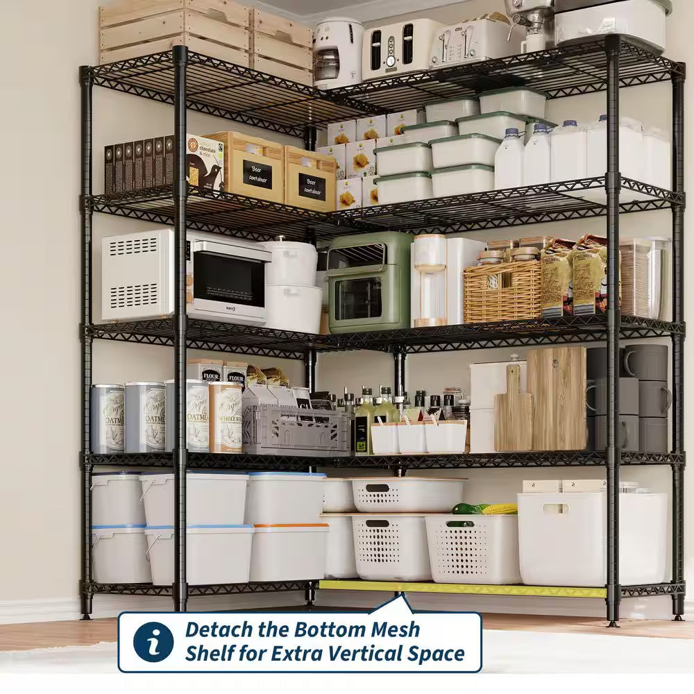 5-Tier L-Shaped Black Metal Storage Shelve Unit with Adjustable Shelf, Wire Storage Rack for Kitchen Pantry Bedroom