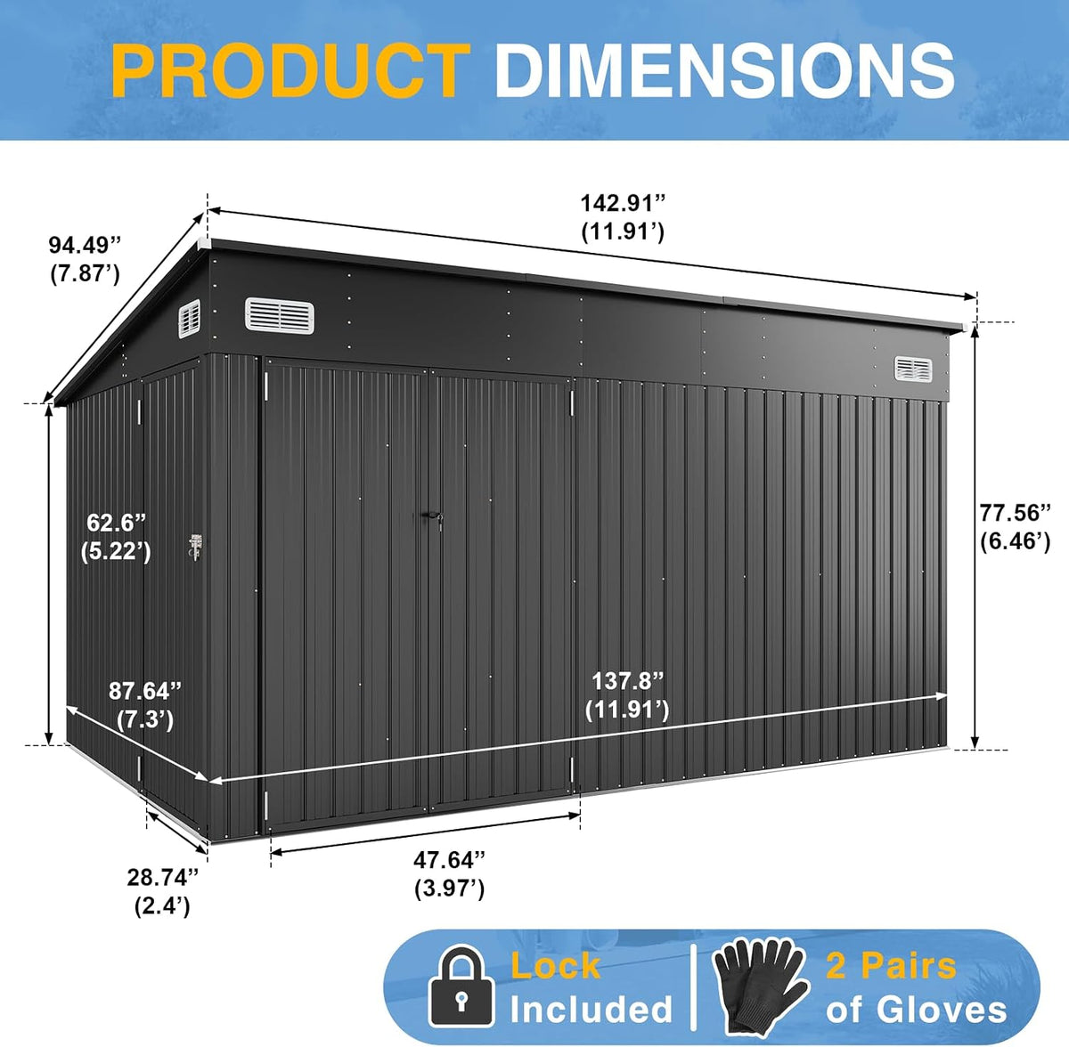 8'X12' Outdoor Lean to Storage Shed with Triple Doors Utility Galvanized Steel Sheds for Vertical Storage, Dual Lock Metal Shed with Sloped Roof for Mower,Bike,Garden Tools (Black)
