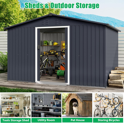 Outdoor Storage Shed 12 X 10 Ft, Outdoor Tool Metal Shed with Lockable Door, Air Vents and Sloping Roof, Metal Aluminum Waterproof Tool Sheds for Yard, Garden, Patio, Garage, Lawn, Gray