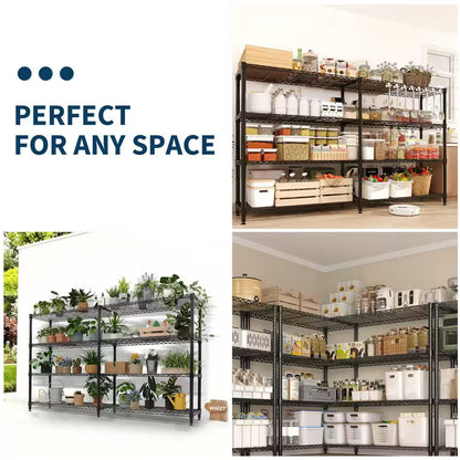 4-Tier Black L-Shaped Metal Storage Shelve Unit with Adjustable Shelf, Wire Shelving Rack for Kitchen Garage Bedroom