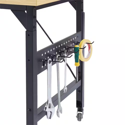 24 In. W Adjustable Workbench, Heavy Duty Wood Desktop Workbench with Wheels, Rolling Workbench with USB Outlet, Hooks