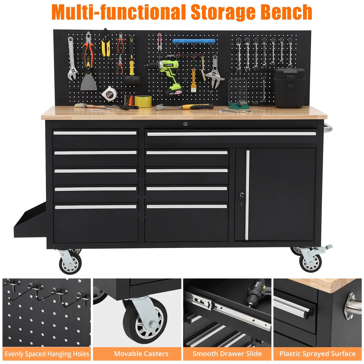 Tool Chest Workbench, 61-Inch Rolling Tool Chest with Wheels, 10 Drawers, Multifunctional Tool Cart Mechanic Tool Storage Cabinet for Garage, Assembled Large Tool Box Storage Cabinet, Black