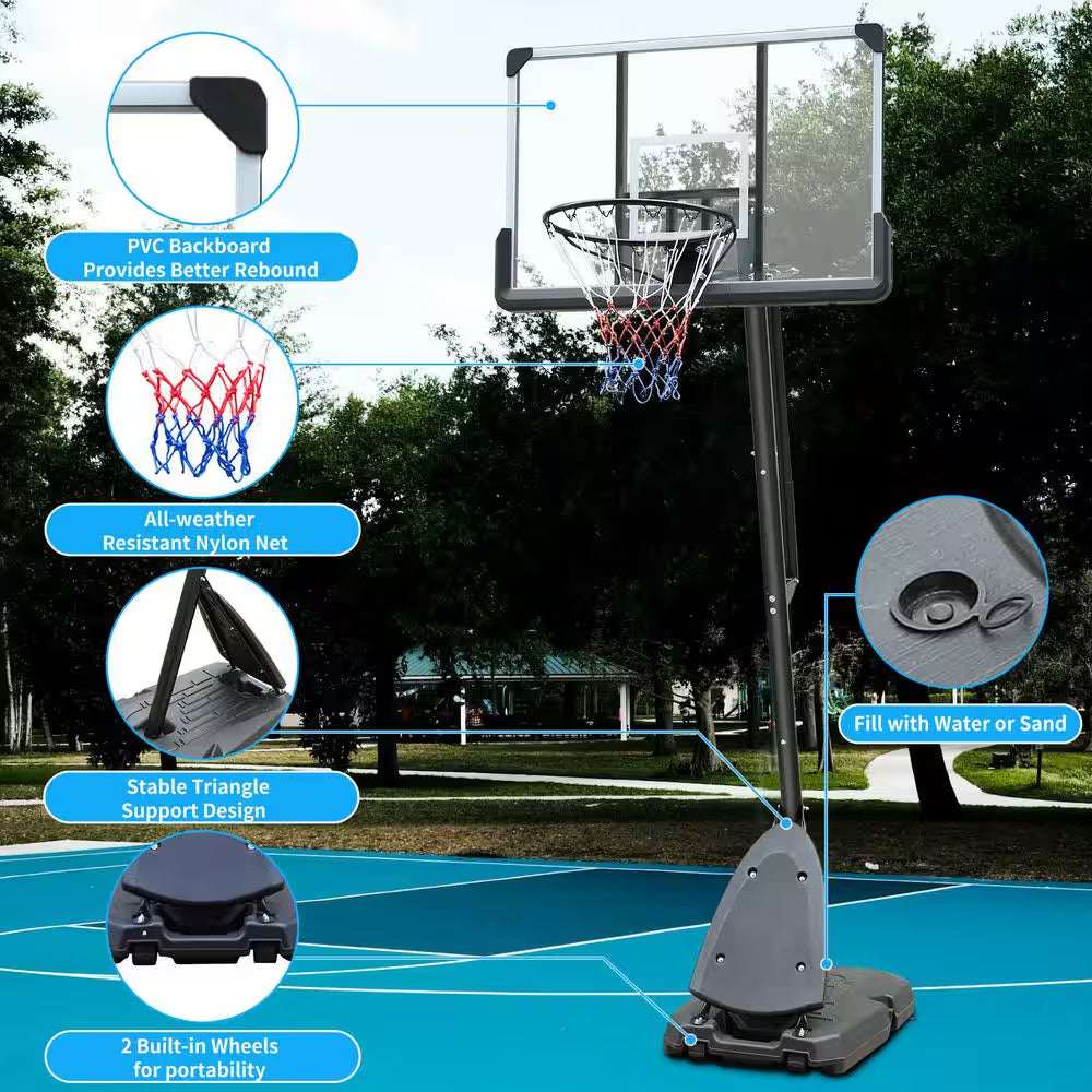 7.4 Ft. to 10 Ft. Portable Adjustable Height Basketball Hoop Backboard System with 44 In. Backboard and Wheels