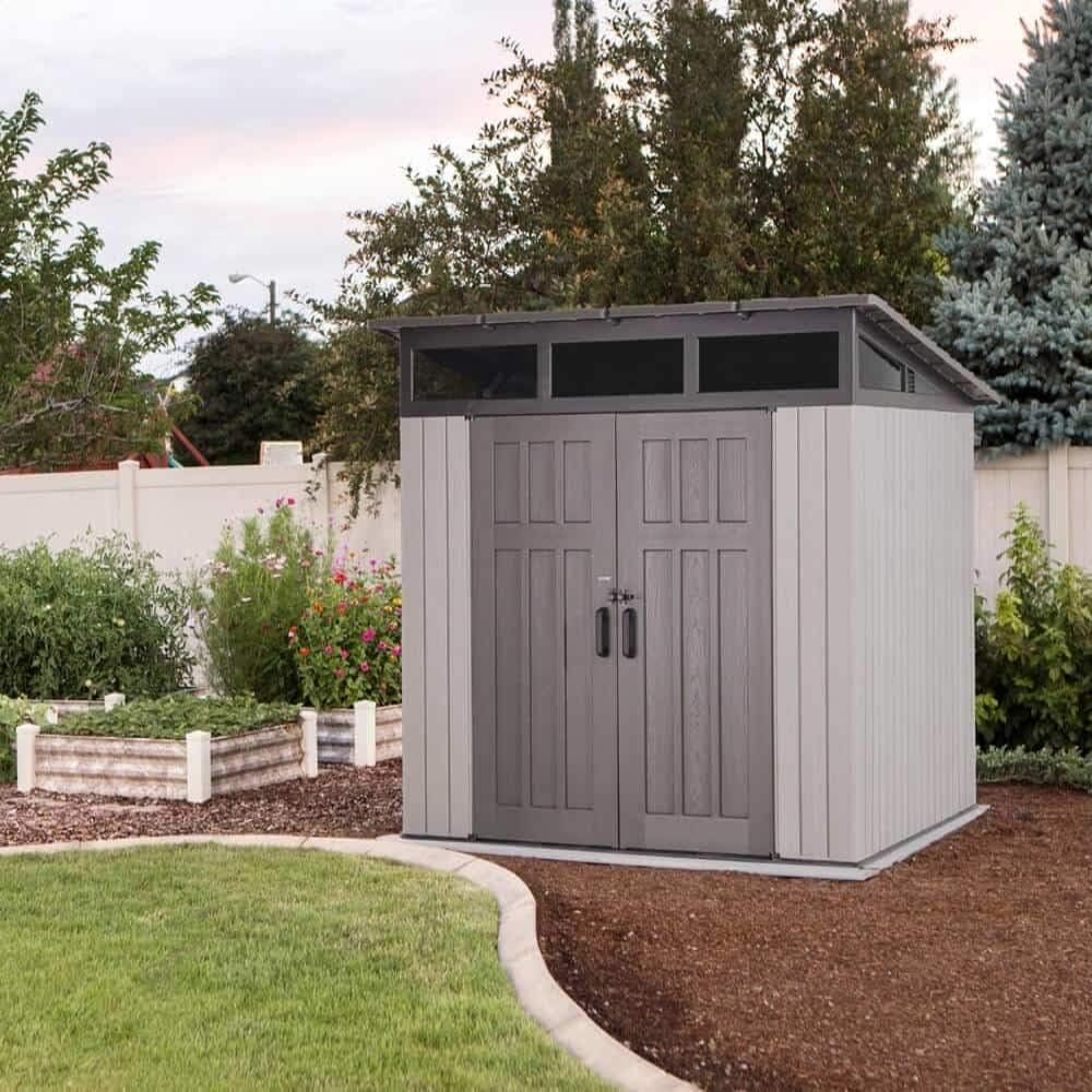 8.3 X 8.3 Ft Modern Outdoor Storage Shed with Clerestory Windows, Steel Reinforced, Lockable Doors, Adjustable Shelf and Wall Hooks, Uv-Protected, Gray