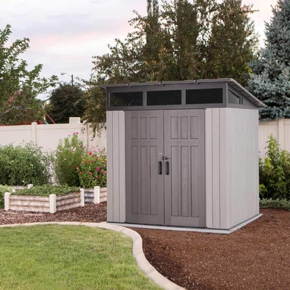8.3 X 8.3 Ft Modern Outdoor Storage Shed with Clerestory Windows, Steel Reinforced, Lockable Doors, Adjustable Shelf and Wall Hooks, Uv-Protected, Gray