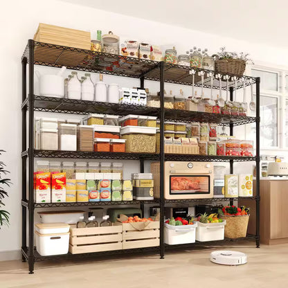 5-Tier L-Shaped Black Metal Storage Shelve Unit with Adjustable Shelf, Wire Storage Rack for Kitchen Pantry Bedroom