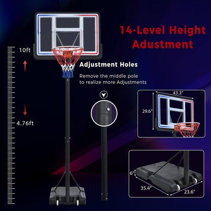 4.76 Ft. to 10 Ft. Black Metal Portable Basketball Hoop Height Adjustment with LED Lights