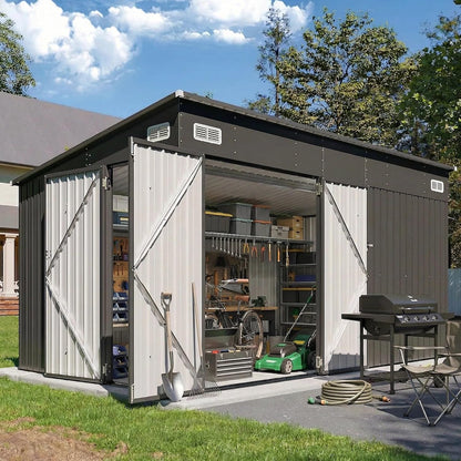 8'X12' Outdoor Lean to Storage Shed with Triple Doors Utility Galvanized Steel Sheds for Vertical Storage, Dual Lock Metal Shed with Sloped Roof for Mower,Bike,Garden Tools (Black)