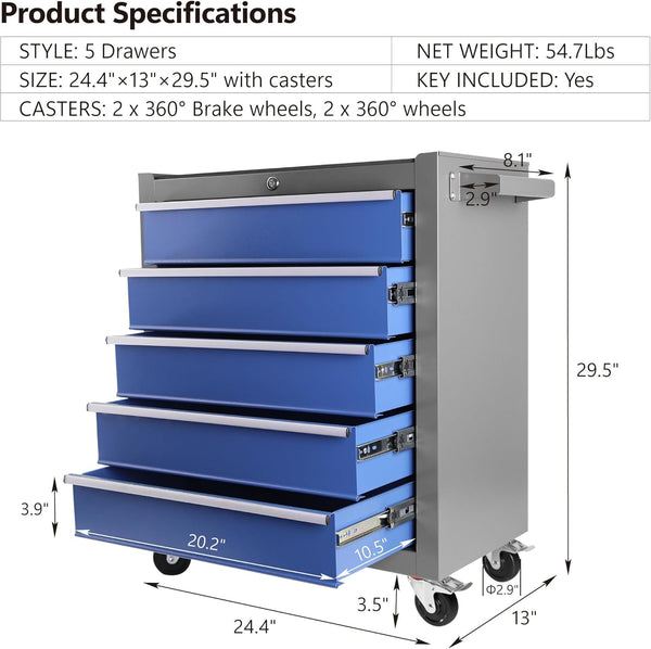 Rolling Tool Chest Built for Workshop Organization, 5 Drawers, Steel Construction, Locking Storage