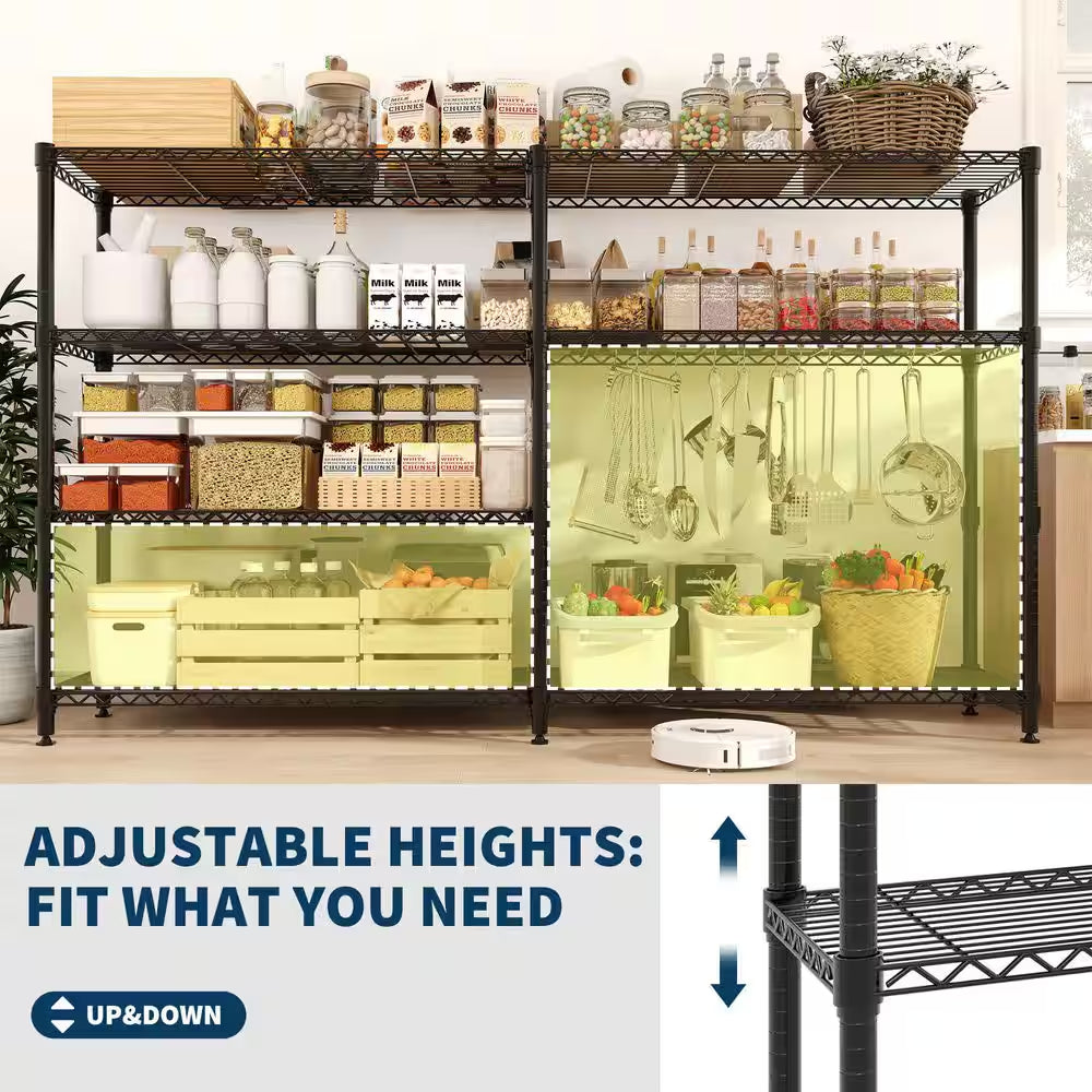 4-Tier Black L-Shaped Metal Storage Shelve Unit with Adjustable Shelf, Wire Shelving Rack for Kitchen Garage Bedroom