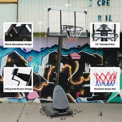 7.4 Ft. to 10 Ft. Portable Adjustable Height Basketball Hoop Backboard System with 44 In. Backboard and Wheels