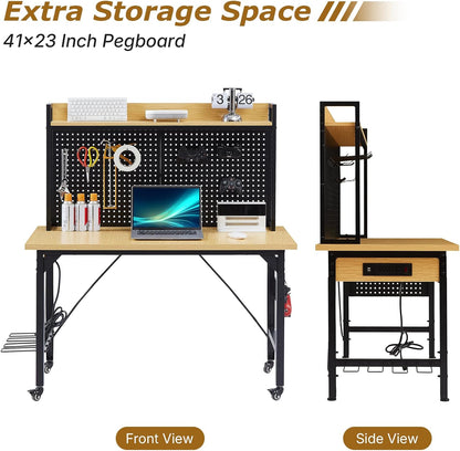 48" Adjustable Height Workbench with Pegboard, Work Benches for Garage, Heavy Duty Wood Top Work Bench with Wheels, 2000 LBS Load Capacity, Rolling Work Table with Outlet Storage Shelf Hooks