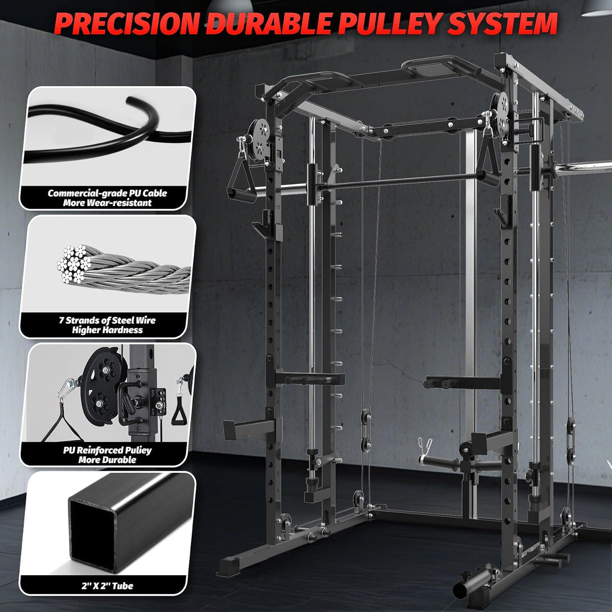 Power Cage, Smith Machine Squat Rack, Heavy Duty Power Rack for Home Gym with Pulley System, Dip Bar, LAT Pulldown, Multifunctional Squat Rack for Home Gym