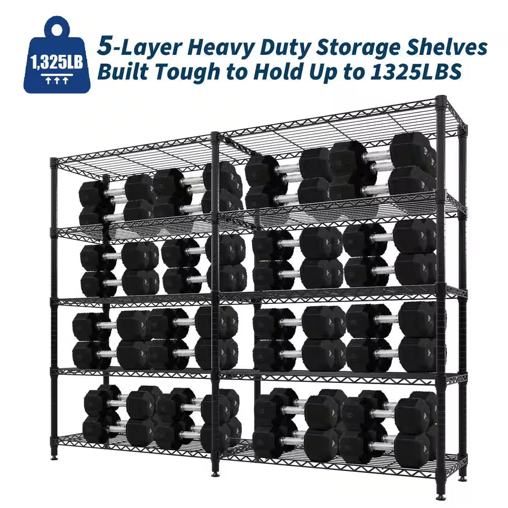 5-Tier L-Shaped Black Metal Storage Shelve Unit with Adjustable Shelf, Wire Storage Rack for Kitchen Pantry Bedroom