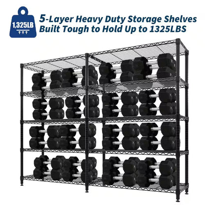 5-Tier L-Shaped Black Metal Storage Shelve Unit with Adjustable Shelf, Wire Storage Rack for Kitchen Pantry Bedroom