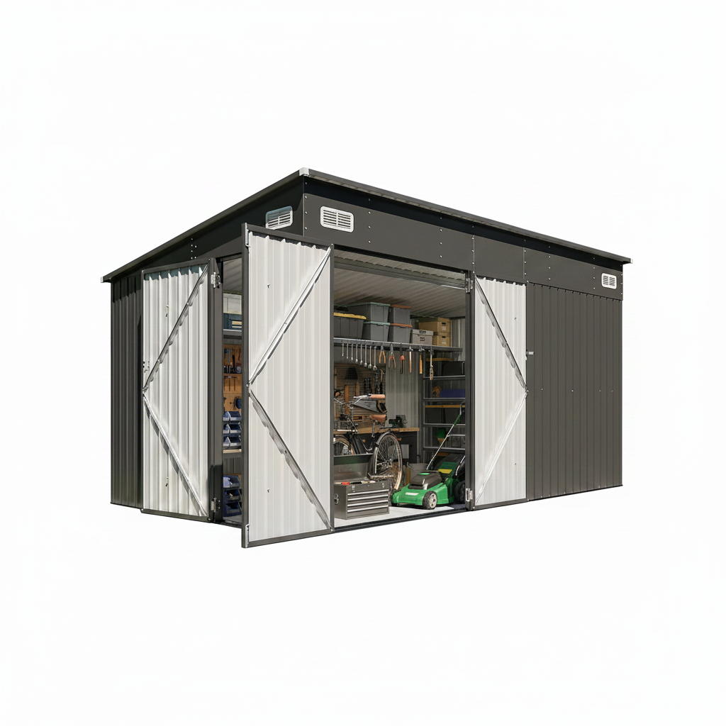 8'X12' Outdoor Lean to Storage Shed with Triple Doors Utility Galvanized Steel Sheds for Vertical Storage, Dual Lock Metal Shed with Sloped Roof for Mower,Bike,Garden Tools (Black)