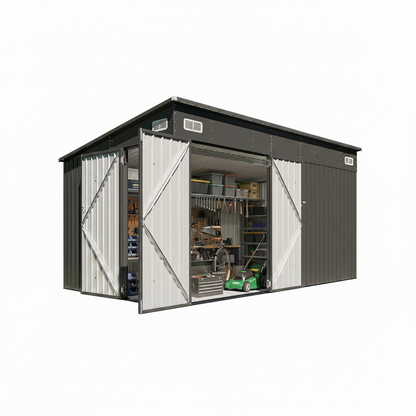 8'X12' Outdoor Lean to Storage Shed with Triple Doors Utility Galvanized Steel Sheds for Vertical Storage, Dual Lock Metal Shed with Sloped Roof for Mower,Bike,Garden Tools (Black)